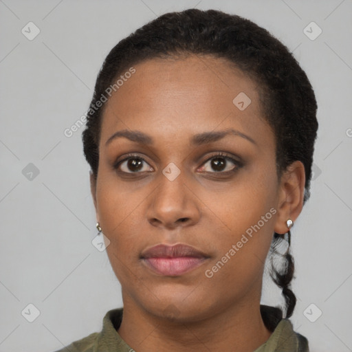 Neutral black young-adult female with short  black hair and brown eyes