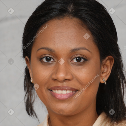 Joyful black young-adult female with medium  brown hair and brown eyes