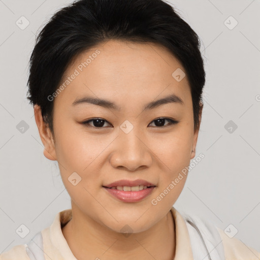 Joyful asian young-adult female with short  brown hair and brown eyes