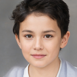 Joyful white child female with short  brown hair and brown eyes