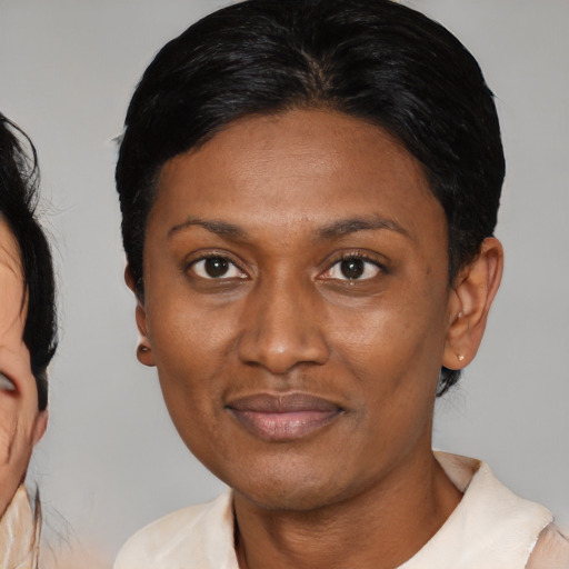 Joyful asian adult female with medium  black hair and brown eyes