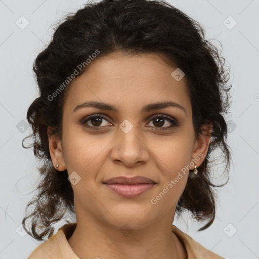 Joyful latino young-adult female with medium  brown hair and brown eyes