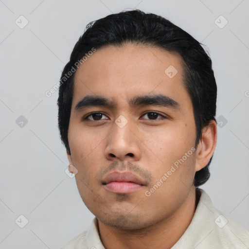 Neutral asian young-adult male with short  black hair and brown eyes