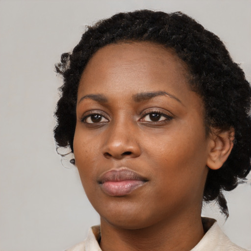 Neutral black young-adult female with medium  black hair and brown eyes