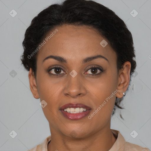 Joyful latino young-adult female with short  brown hair and brown eyes