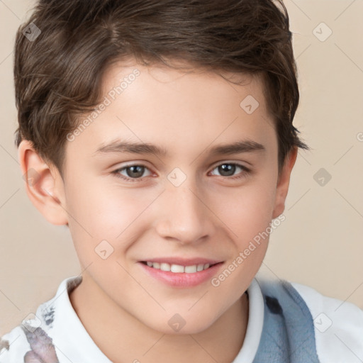 Joyful white child male with short  brown hair and brown eyes