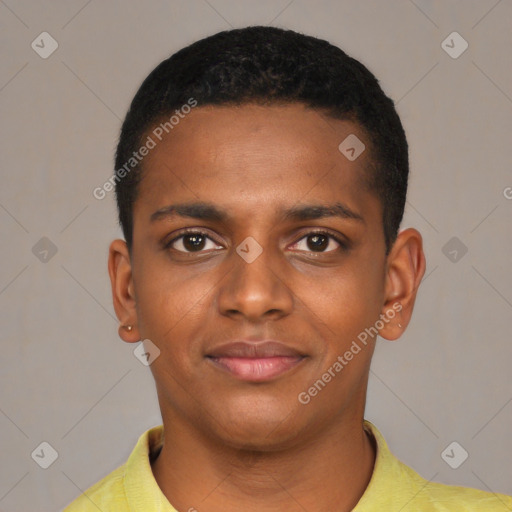 Neutral black young-adult male with short  black hair and brown eyes