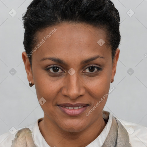 Joyful latino young-adult female with short  brown hair and brown eyes