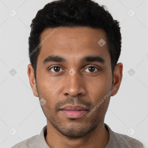 Neutral latino young-adult male with short  black hair and brown eyes