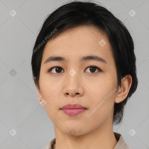 Neutral asian young-adult female with medium  black hair and brown eyes