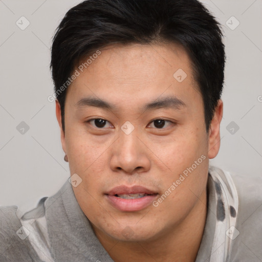 Neutral asian young-adult male with short  black hair and brown eyes