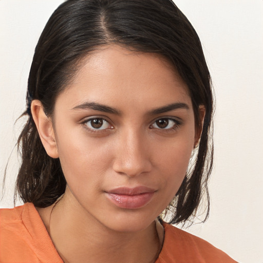 Neutral white young-adult female with medium  brown hair and brown eyes