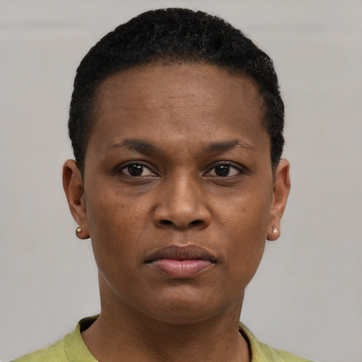 Neutral black young-adult female with short  brown hair and brown eyes
