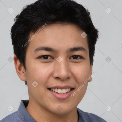 Joyful asian young-adult male with short  brown hair and brown eyes