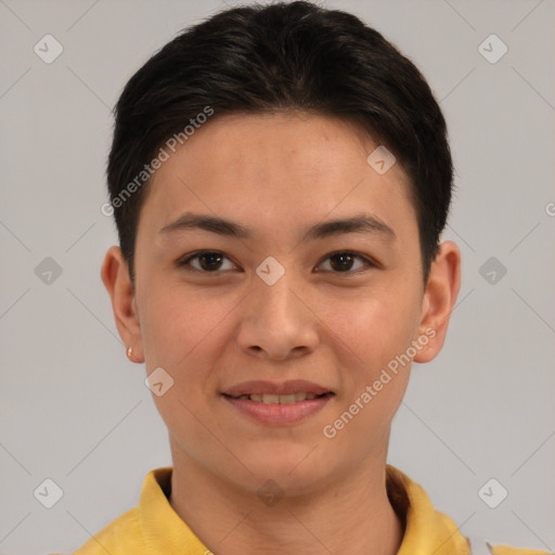 Joyful white young-adult female with short  brown hair and brown eyes