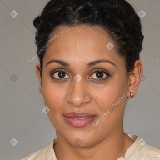 Joyful latino young-adult female with short  brown hair and brown eyes