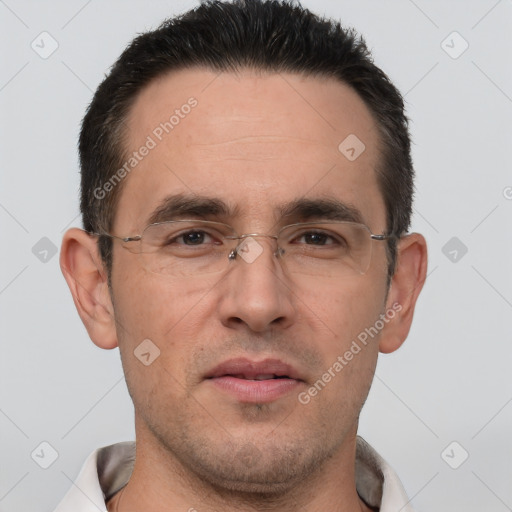 Joyful white adult male with short  brown hair and brown eyes