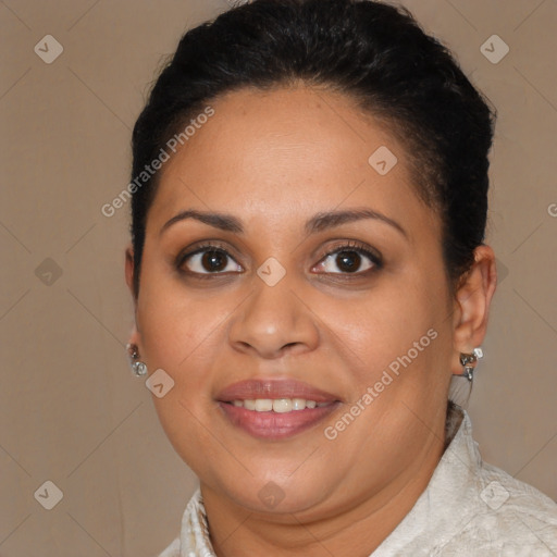Joyful latino young-adult female with short  brown hair and brown eyes
