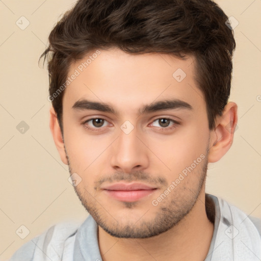 Neutral white young-adult male with short  brown hair and brown eyes