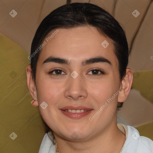 Joyful white young-adult female with short  brown hair and brown eyes