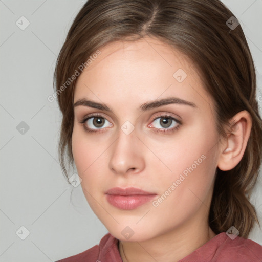 Neutral white young-adult female with medium  brown hair and brown eyes