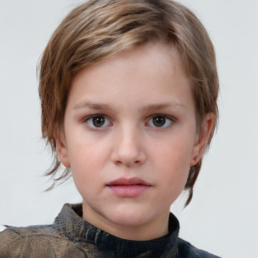 Neutral white child female with medium  brown hair and grey eyes