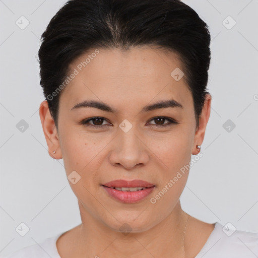 Joyful white young-adult female with short  brown hair and brown eyes