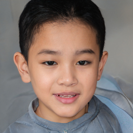 Joyful white child female with short  brown hair and brown eyes