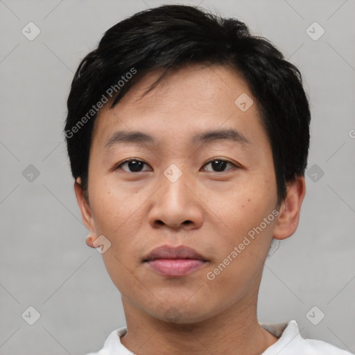 Neutral asian young-adult male with short  black hair and brown eyes