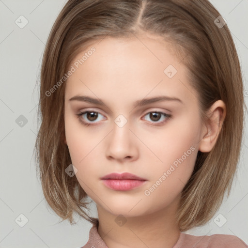 Neutral white young-adult female with medium  brown hair and brown eyes