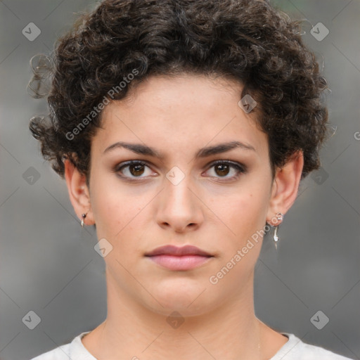 Neutral white young-adult female with short  brown hair and brown eyes