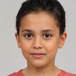 Joyful white child female with short  brown hair and brown eyes