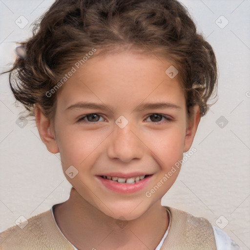 Joyful white child female with short  brown hair and brown eyes