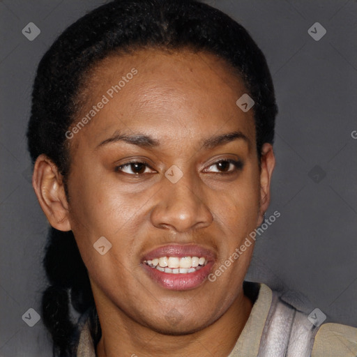 Joyful latino young-adult female with short  black hair and brown eyes