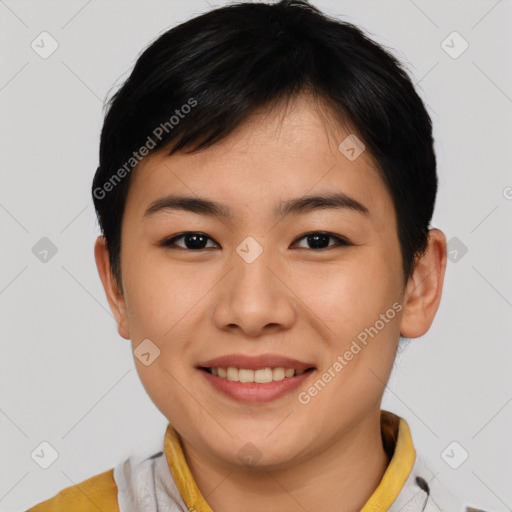 Joyful asian young-adult female with short  brown hair and brown eyes