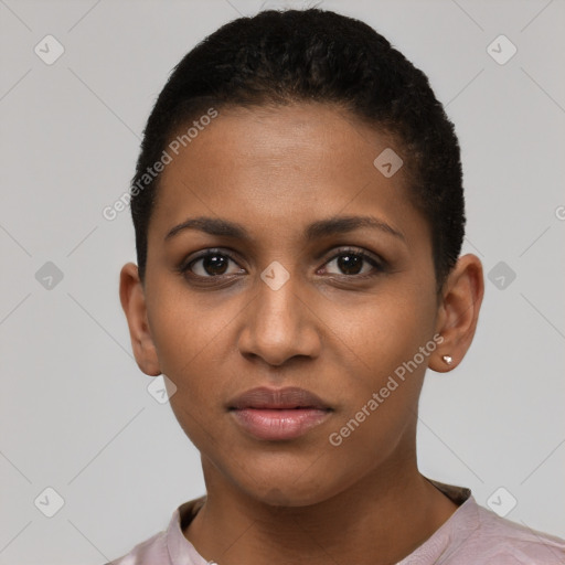 Joyful black young-adult female with short  brown hair and brown eyes