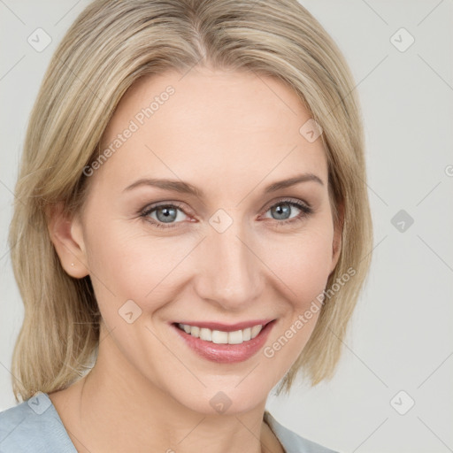 Joyful white young-adult female with medium  brown hair and blue eyes