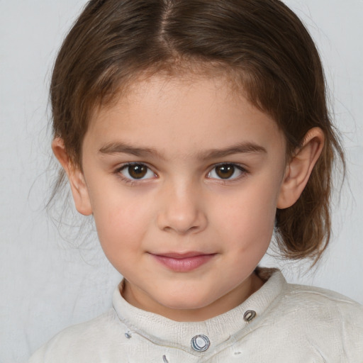 Joyful white child female with medium  brown hair and brown eyes