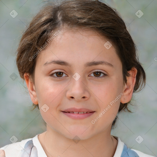 Joyful white child female with medium  brown hair and brown eyes