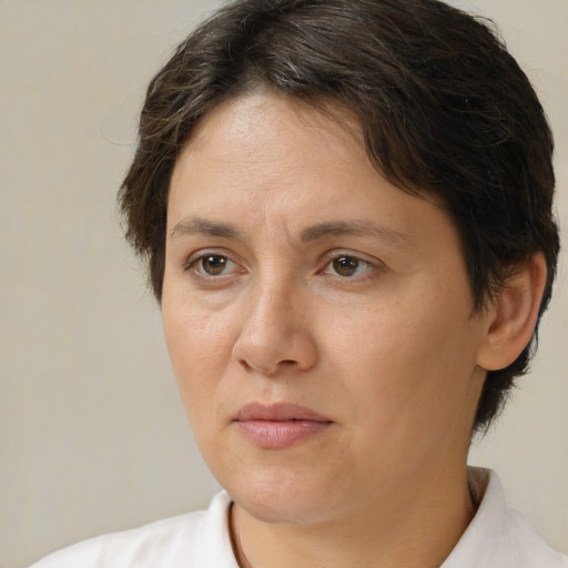 Joyful white adult female with short  brown hair and brown eyes