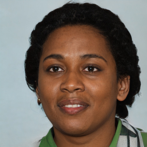 Joyful black young-adult female with short  black hair and brown eyes