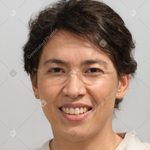 Joyful white adult female with short  brown hair and brown eyes