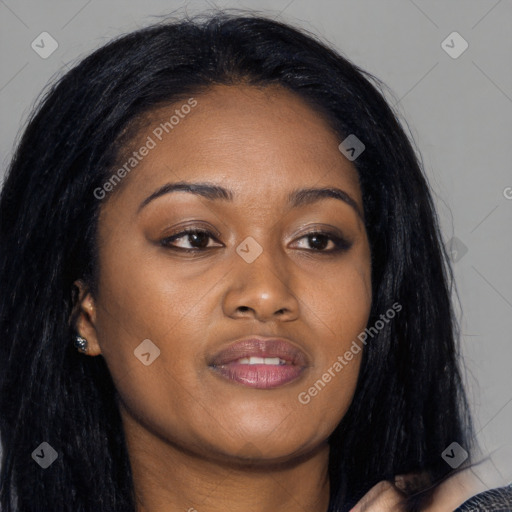 Joyful asian young-adult female with long  black hair and brown eyes