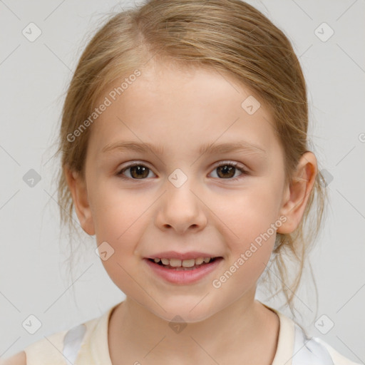 Joyful white child female with medium  brown hair and brown eyes