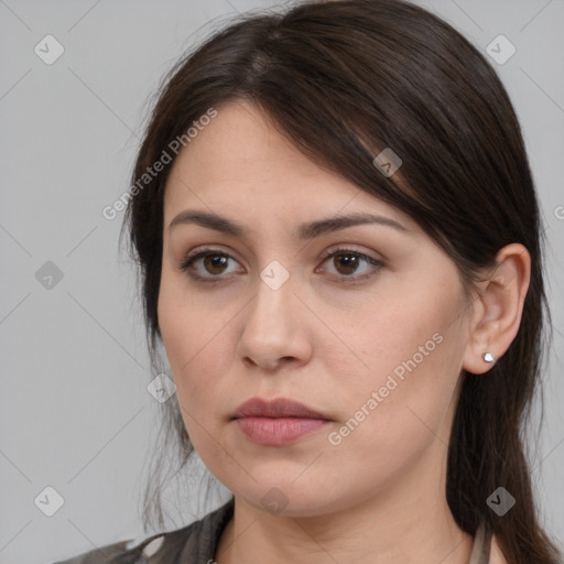 Neutral white young-adult female with medium  brown hair and brown eyes