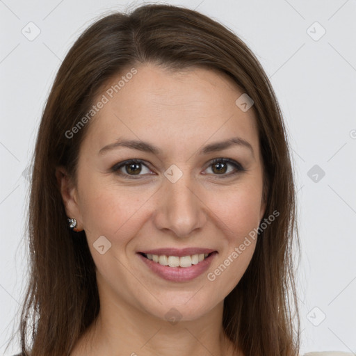 Joyful white young-adult female with long  brown hair and grey eyes