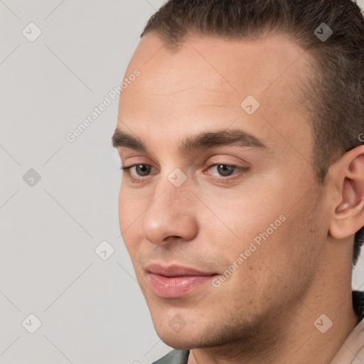 Neutral white young-adult male with short  brown hair and brown eyes