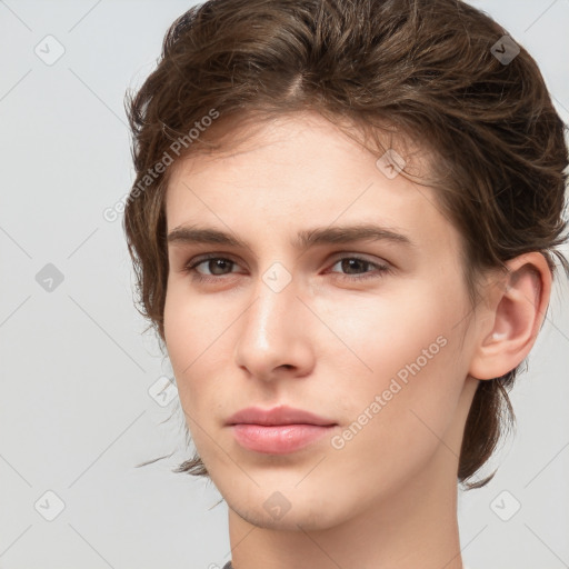 Neutral white young-adult female with medium  brown hair and brown eyes