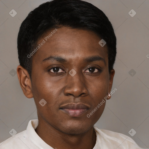 Neutral black young-adult male with short  black hair and brown eyes