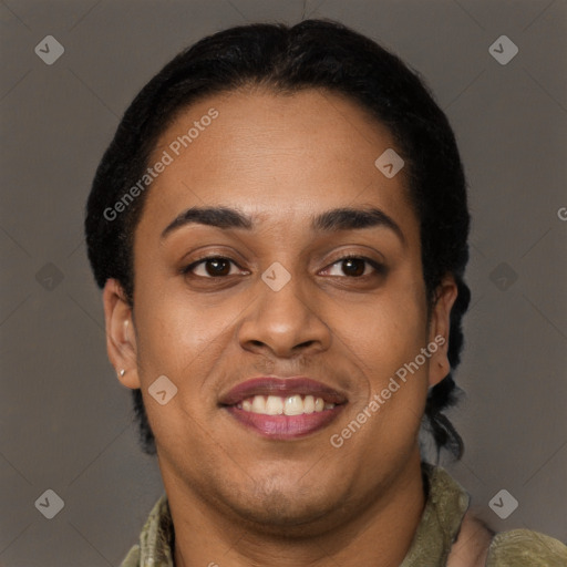 Joyful latino young-adult female with short  brown hair and brown eyes